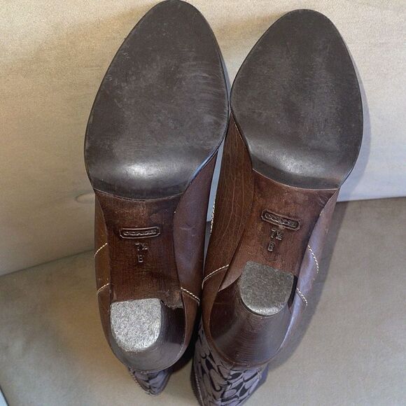 RARE Coach Yvette Tall Leather & Logo Fabric Mixed Media Boots sz 7.5 - Brown - Picture 9 of 13
